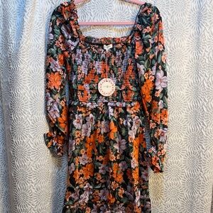 Umgee Black Floral Smocked Long-Sleeve Midi Dress with Orange & Lavender Flowers